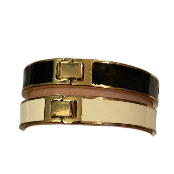 Kate Spade Bracelet Set of 2 Gold-Tone Hinged Bangles Black & White Enamel - EUC - Picture 6 of 7